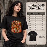 Gildan 5000 size chart showing unisex shirt measurements and fit information for the Gobble Season tee.