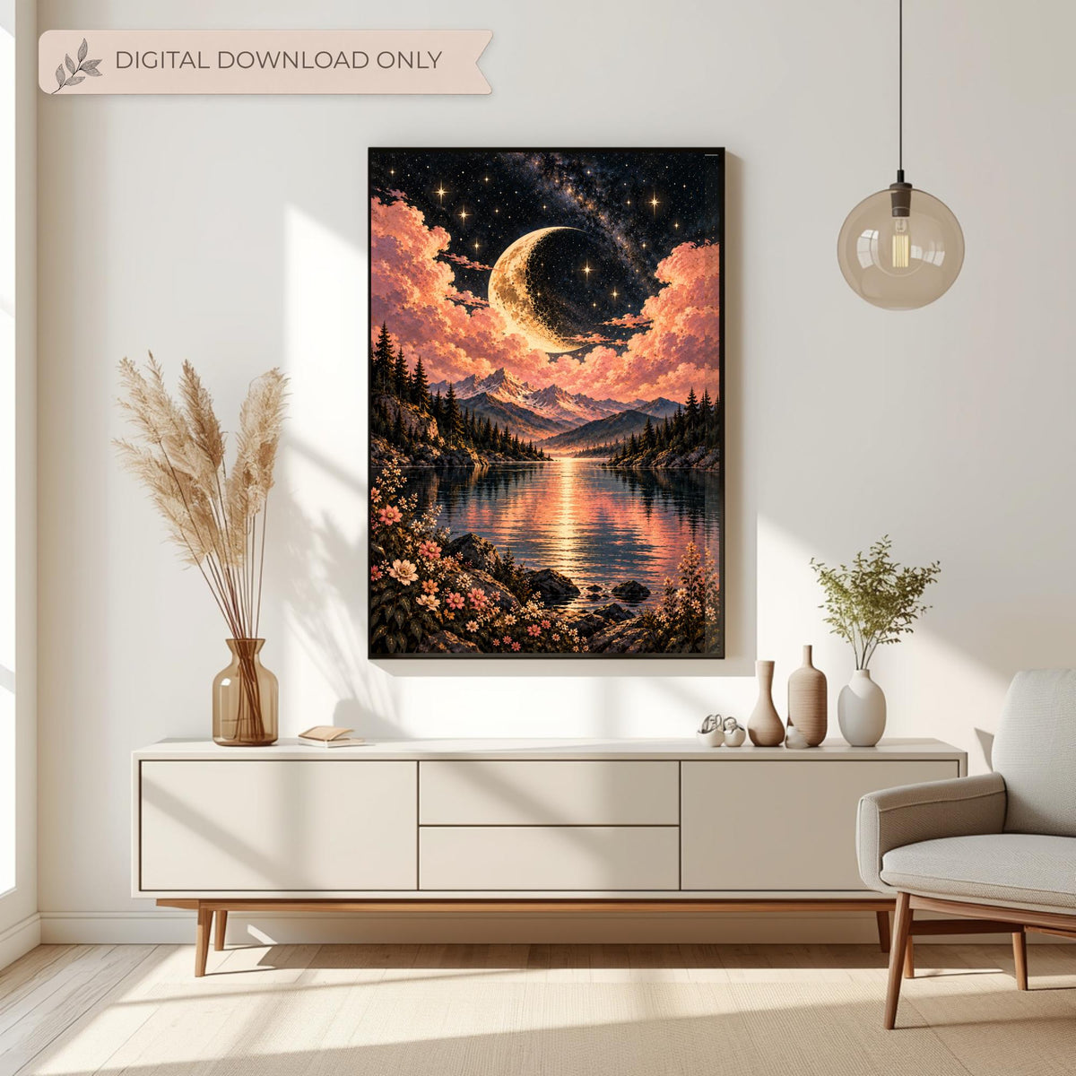 Framed celestial moon wall art featuring a glowing crescent moon, pink clouds, starry sky, mountain lake, and wildflowers. Displayed above a neutral console table in a bright modern living room. Digital download only.