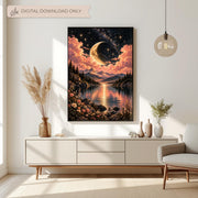 Framed celestial moon wall art featuring a glowing crescent moon, pink clouds, starry sky, mountain lake, and wildflowers. Displayed above a neutral console table in a bright modern living room. Digital download only.