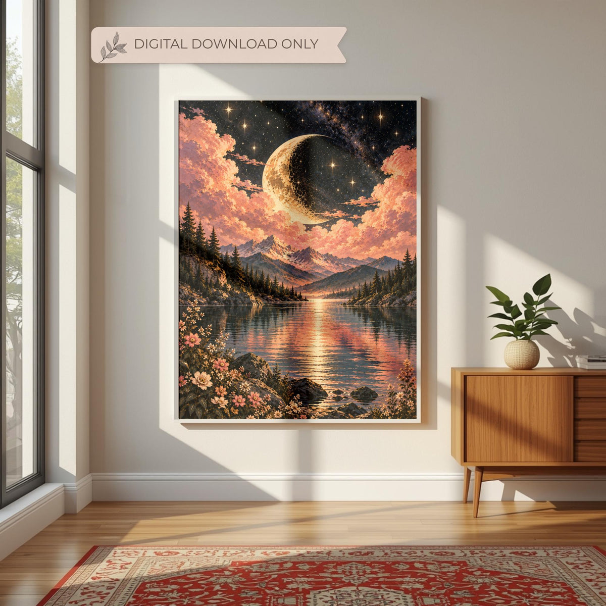 Fantasy mountain lake wall art featuring a golden crescent moon, romantic pink clouds, and shimmering water. Framed celestial poster displayed above a sofa in a cozy living room with warm neutral decor.