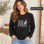 Black Heather Bella+Canvas 3501 tee displaying the Jane Doe statement design with neutral artwork and a simple deer graphic.