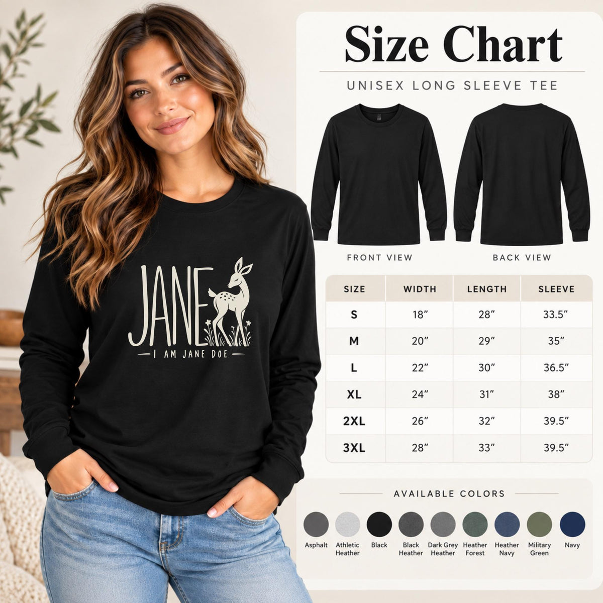 Bella+Canvas 3501 unisex long sleeve size chart showing width, length, and sleeve measurements from S to 3XL, with front and back shirt views, available color options, and a model wearing the “Jane – I Am Jane Doe” design.
