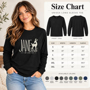 Bella+Canvas 3501 unisex long sleeve size chart showing width, length, and sleeve measurements from S to 3XL, with front and back shirt views, available color options, and a model wearing the “Jane – I Am Jane Doe” design.