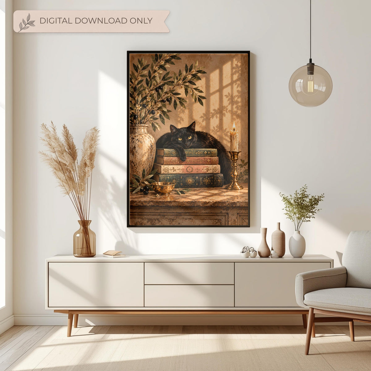 Framed dark academia cat wall art displayed above a minimalist cream console table with dried botanicals and neutral accessories. Warm earthy colours create a sophisticated vintage-inspired living room accent.
