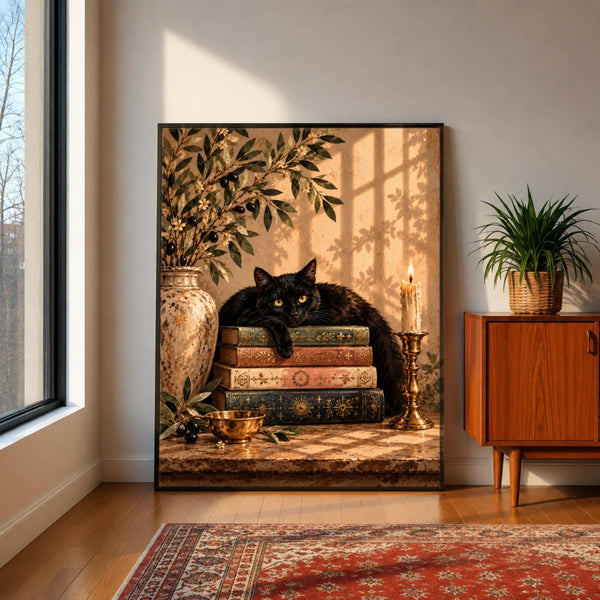 Framed bookish black cat artwork resting on a wooden cabinet in a bright interior. Warm sunlight, rustic furnishings, and antique-inspired illustrations create a cozy, inviting atmosphere.
