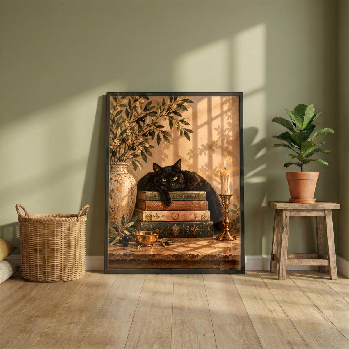 Dark academia black cat art print displayed on a rustic wooden shelf beside a potted plant. The warm-toned illustration features old books, delicate botanical details, and a peaceful vintage atmosphere.