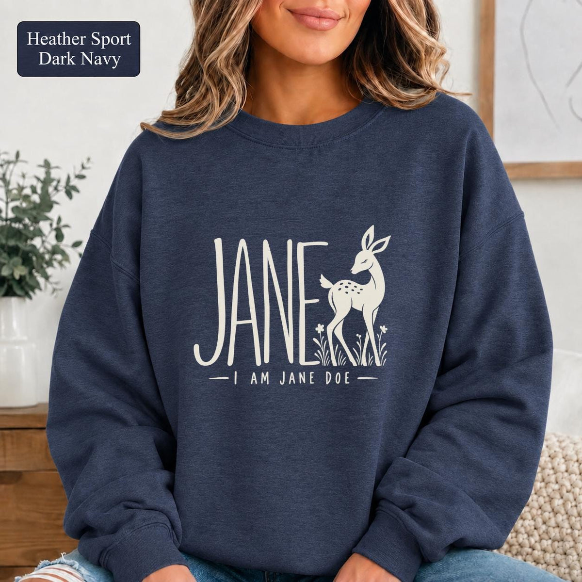 Heather Navy Gildan 18000 sweatshirt displaying the solidarity statement design in a soft unisex crewneck style.