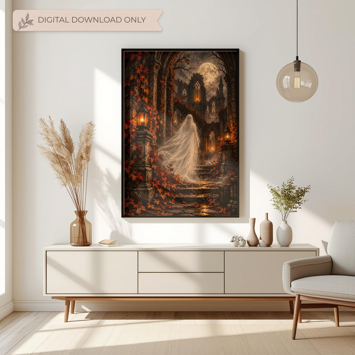 Framed gothic ghost poster displayed above a cream console table with dried botanical arrangements. Moonlit cathedral ruins, crimson autumn foliage, and a mysterious veiled figure create romantic gothic home decor.