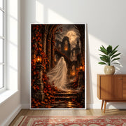 Haunted castle printable art displayed in a black frame on a wooden cabinet beside a leafy houseplant. The artwork features a flowing ivory ghost, autumn leaves, gothic architecture, and warm lantern light.