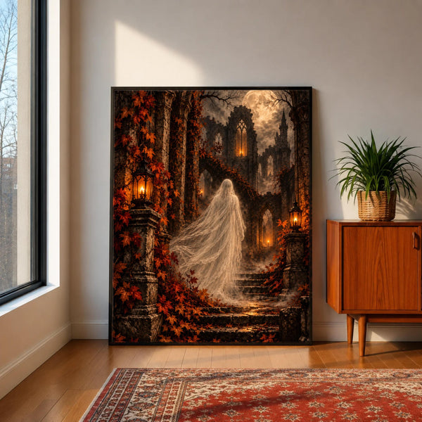 Gothic haunted mansion wall art resting on a wooden cabinet in a cozy interior. Dramatic moonlit ruins, flowing white fabric, and rich burnt orange foliage create an enchanting supernatural landscape.