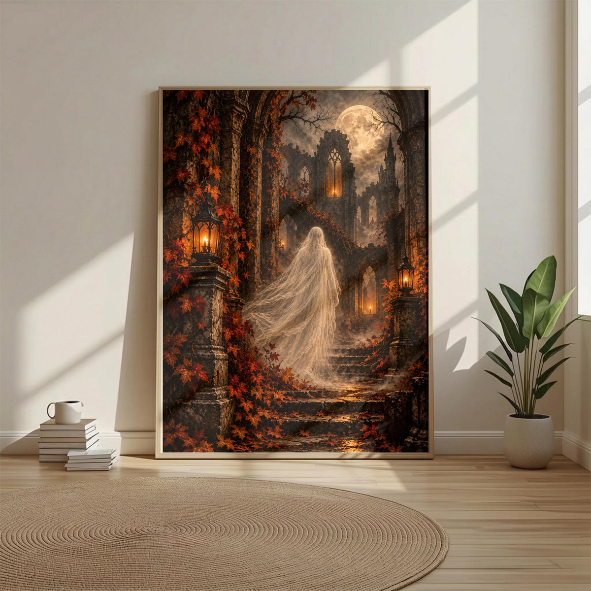 Dark fantasy wall art displayed in a light neutral room with a round rug and wooden furniture. The illustration features a ghostly woman, weathered stone arches, glowing lanterns, and atmospheric autumn scenery.