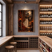 Gothic ghost wall art featuring a mysterious veiled woman standing among ancient cathedral ruins beneath a glowing full moon. Framed dark fantasy poster displayed in a moody home windery with wooden shelves and vintage decor.