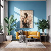 Coquette-inspired woman wall art displayed above a mustard yellow sofa against a rich blue accent wall. The framed print features a brunette updo, oversized cream bow, and romantic wildflower details.