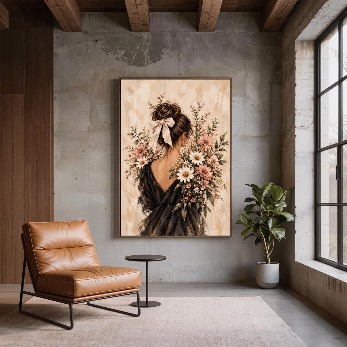 Vintage floral woman portrait displayed on a dark wall beside a tan leather accent chair. The romantic botanical artwork features delicate pink and white flowers, soft beige tones, and an elegant black dress.