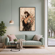 Framed botanical woman poster displayed above a light green sofa in a sunlit living room with neutral furnishings and plants. The elegant portrait features soft pink flowers and a cream ribbon.