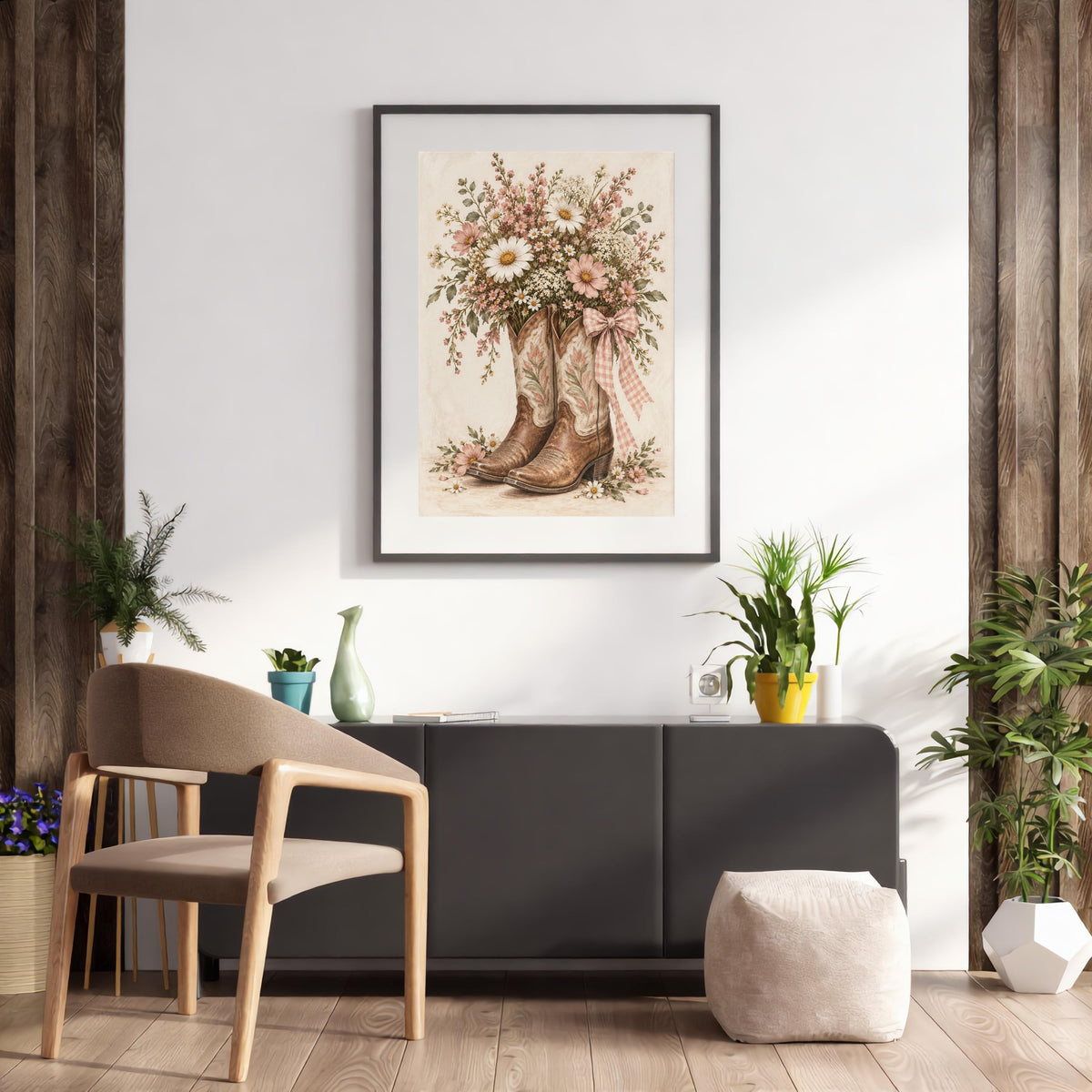Framed cowgirl floral poster displayed above a wooden desk and chair in a bright home office. The embroidered boots and romantic wildflower bouquet add a feminine Western touch to the neutral workspace.