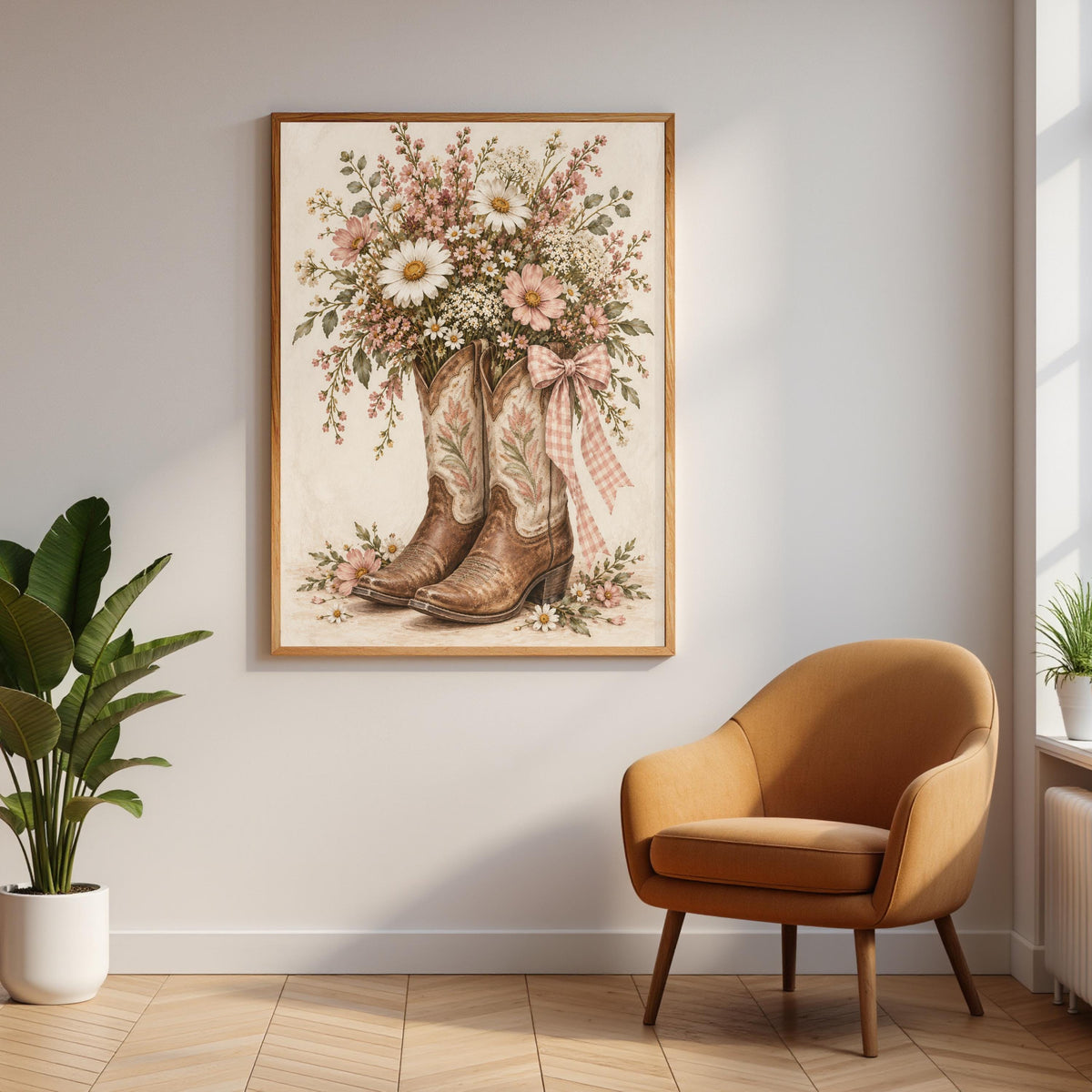 Framed Western botanical wall art displayed on a neutral wall above a warm tan accent chair. Vintage cowboy boots filled with pastel wildflowers bring soft cottagecore charm to the space.