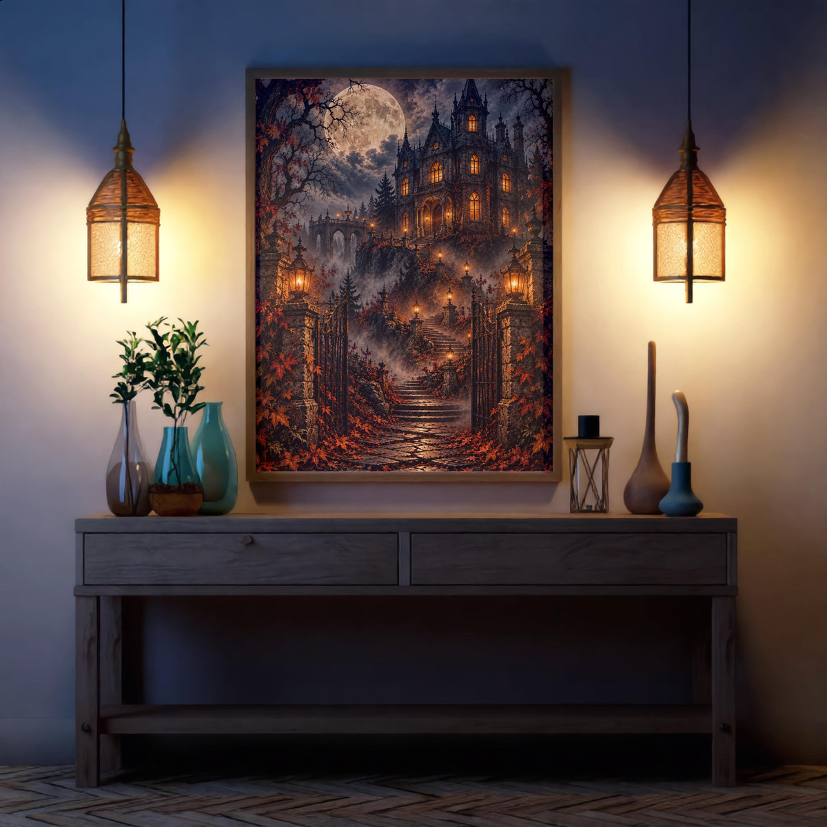 Gothic fantasy wall art displayed above a dark console table between two warm wall sconces. The dramatic illustration features a golden full moon, illuminated castle, autumn forest, and shimmering lake reflections.