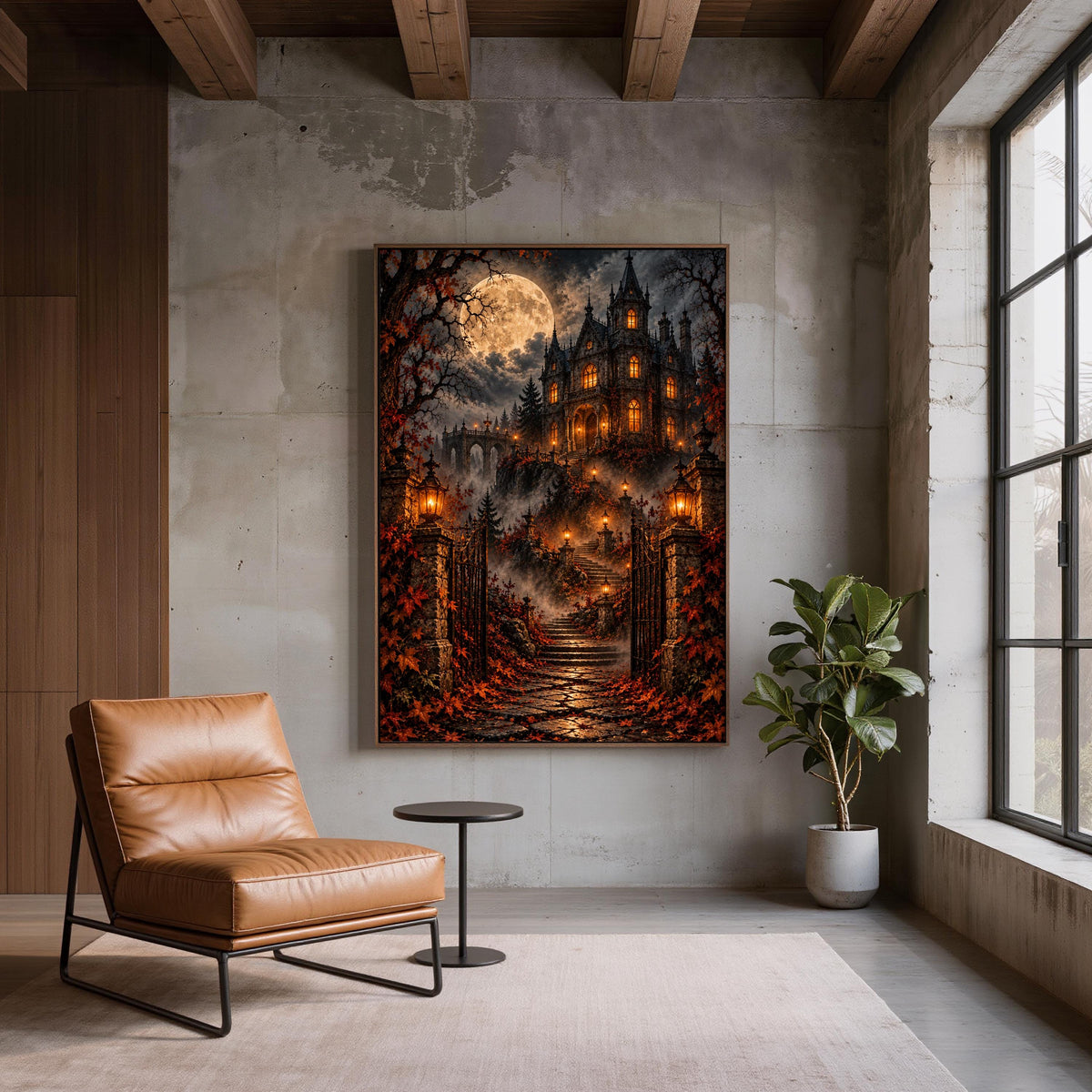 Dark academia fantasy landscape poster displayed on a textured wall beside a tan leather accent chair. The artwork features an illuminated gothic mansion, golden full moon, crimson trees, and dramatic mountain scenery.