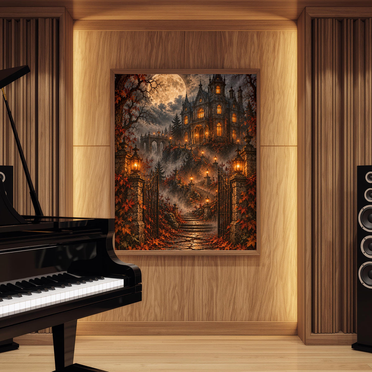 Dark academia manor poster displayed against warm wooden wall panels in a traditional interior with dark furnishings. The artwork captures a golden moon illuminating a gothic lakeside mansion and autumn landscape.