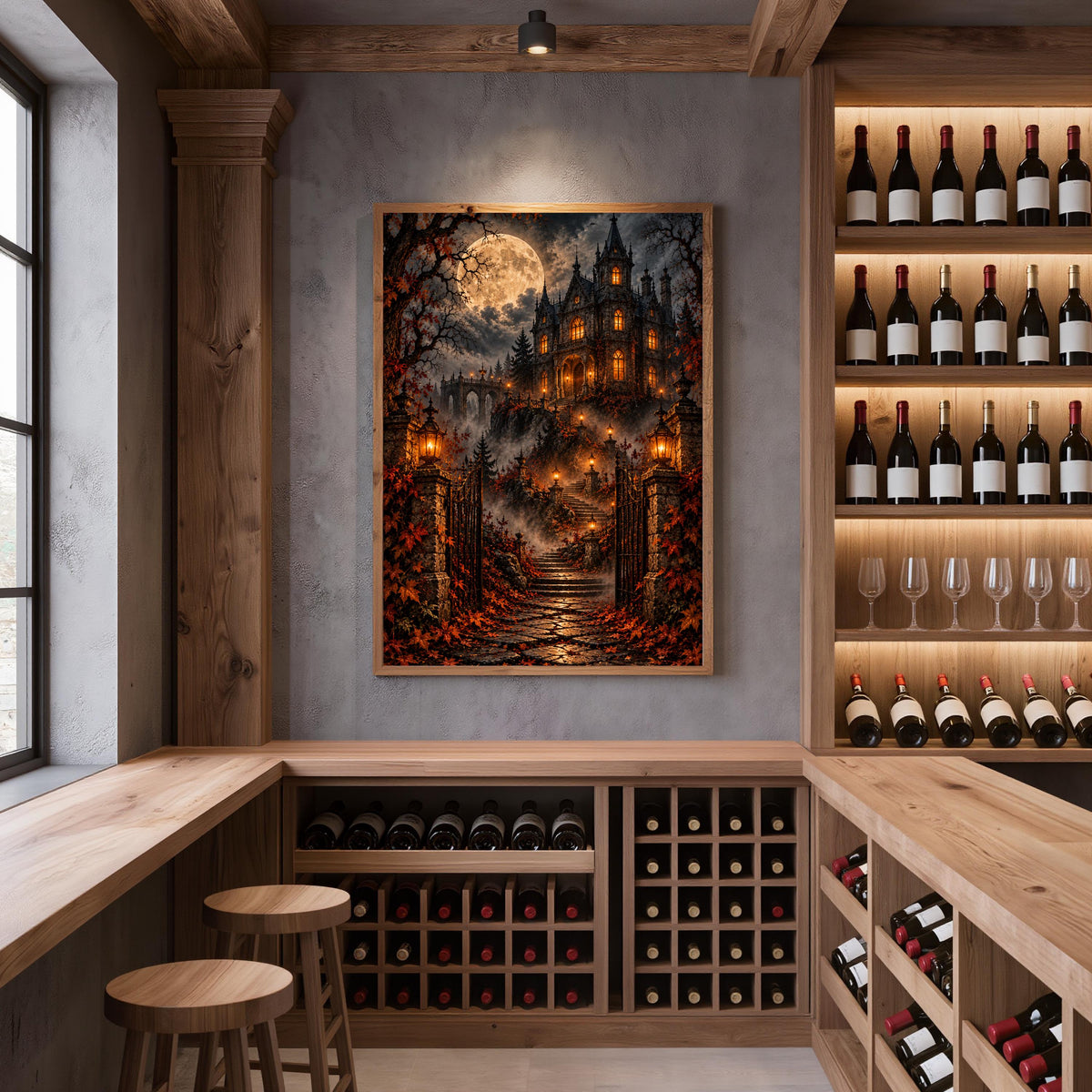 Framed fantasy castle wall art displayed in a cozy home winery with dark wooden wine bottles and vintage decor. The moonlit landscape features a Victorian mansion, glowing lanterns, fiery autumn trees, and misty mountains.