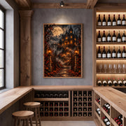 Framed fantasy castle wall art displayed in a cozy home winery with dark wooden wine bottles and vintage decor. The moonlit landscape features a Victorian mansion, glowing lanterns, fiery autumn trees, and misty mountains.