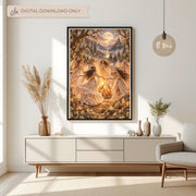 Framed witchy fantasy wall art displayed above a cream console table with dried botanical arrangements. The artwork features five ethereal women dancing around a glowing bonfire beneath a golden full moon in an enchanted forest.