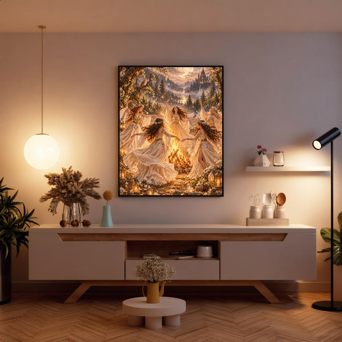 Mystical coven wall art displayed above a wooden console in a softly lit living room. The print features a magical woodland gathering, golden bonfire, flowing dresses, and an illuminated full moon.