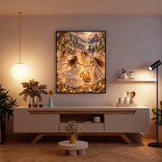 Mystical coven wall art displayed above a wooden console in a softly lit living room. The print features a magical woodland gathering, golden bonfire, flowing dresses, and an illuminated full moon.