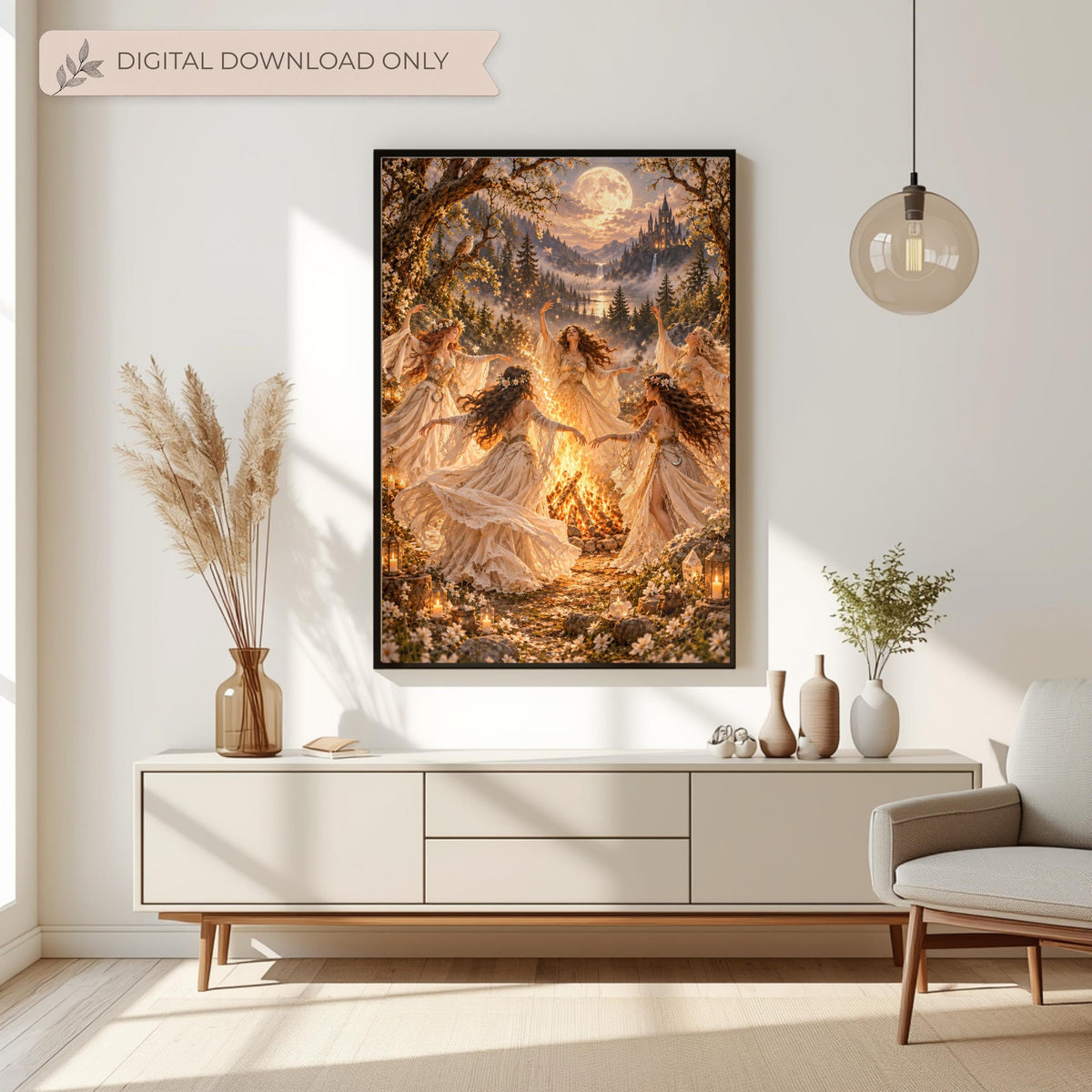Romantic fantasy wall art displayed above a cream console table with neutral botanical decorations. The moonlit scene features an enchanted forest, glowing embers, wildflower crowns, and a distant castle.