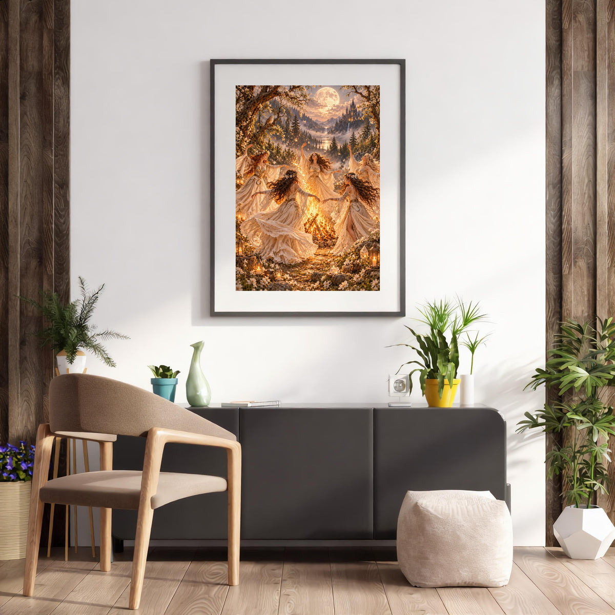 Framed moon ritual artwork displayed above a wooden desk and chair in a bright home office. The illustration features flower-crowned women, sparkling firelight, and a distant Gothic castle overlooking a lake.