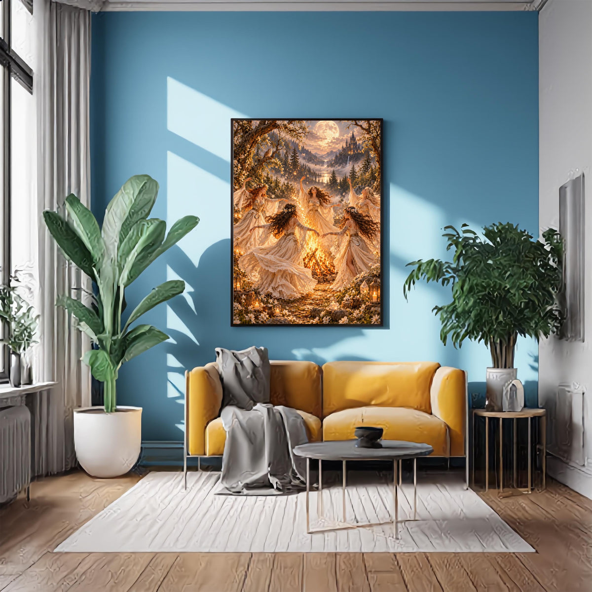 Celestial witchcore poster displayed above a mustard yellow sofa against a blue accent wall. Golden moonlight, candlelit lanterns, wildflowers, and a magical gathering create a dramatic fantasy scene.