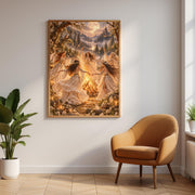 Framed witchy wall art displayed above a tan upholstered chair in a minimalist room. Five mystical women in delicate ivory gowns dance beneath the moon, surrounded by sparkling firelight and woodland flowers.