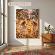 Gothic cottagecore printable displayed on a neutral wall above a wooden cabinet with simple decor. The artwork shows a magical bonfire gathering surrounded by ancient trees, misty mountains, and golden moonlight.