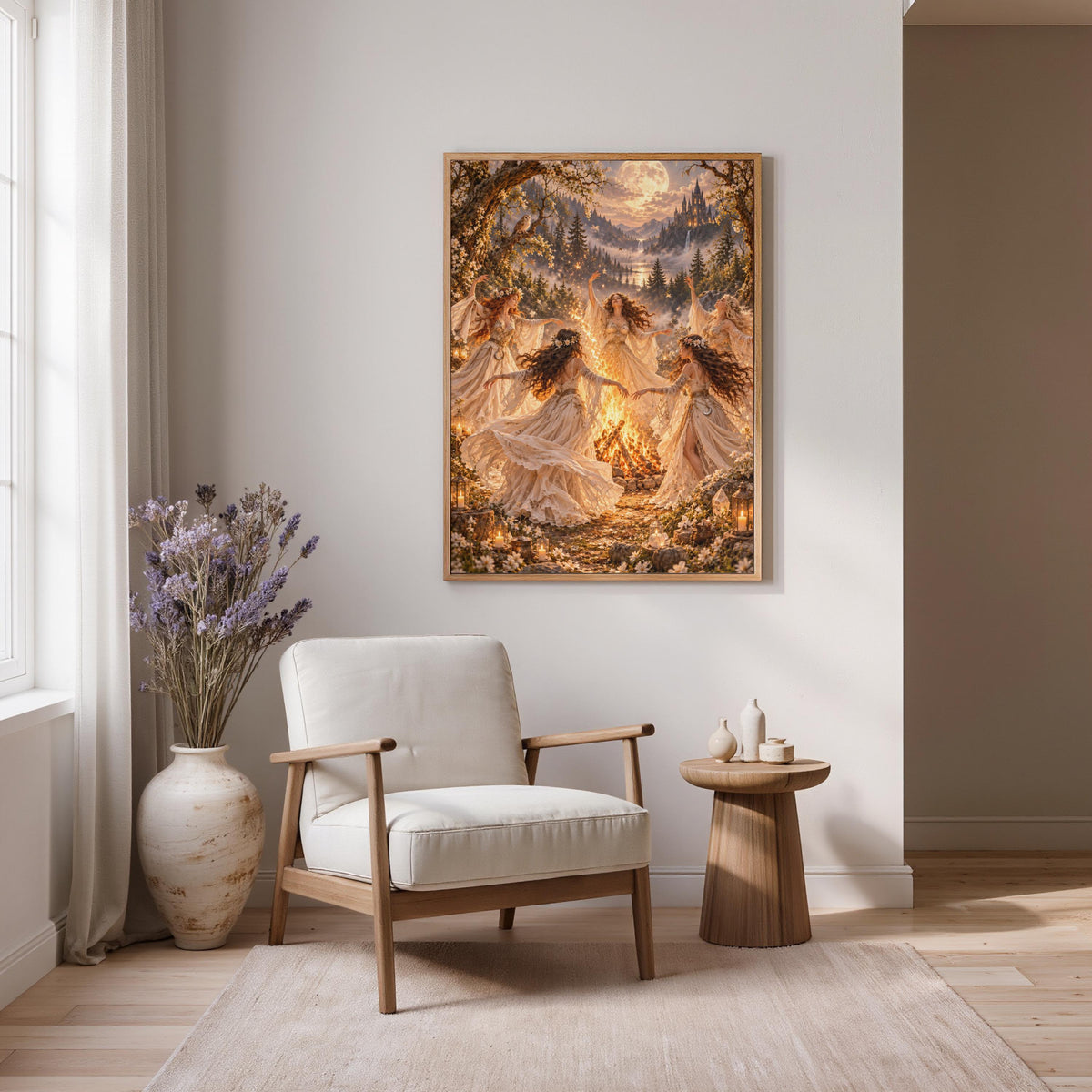 Mystical fantasy wall art displayed above a wooden dining table in a warm neutral interior. The framed poster features flower-crowned women, golden firelight, a glowing full moon, and a magical woodland landscape.