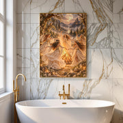 Framed mystical woodland artwork displayed above a white freestanding bathtub in a marble bathroom. The print depicts five ethereal women in flowing ivory dresses dancing around a bright bonfire beneath the full moon.
