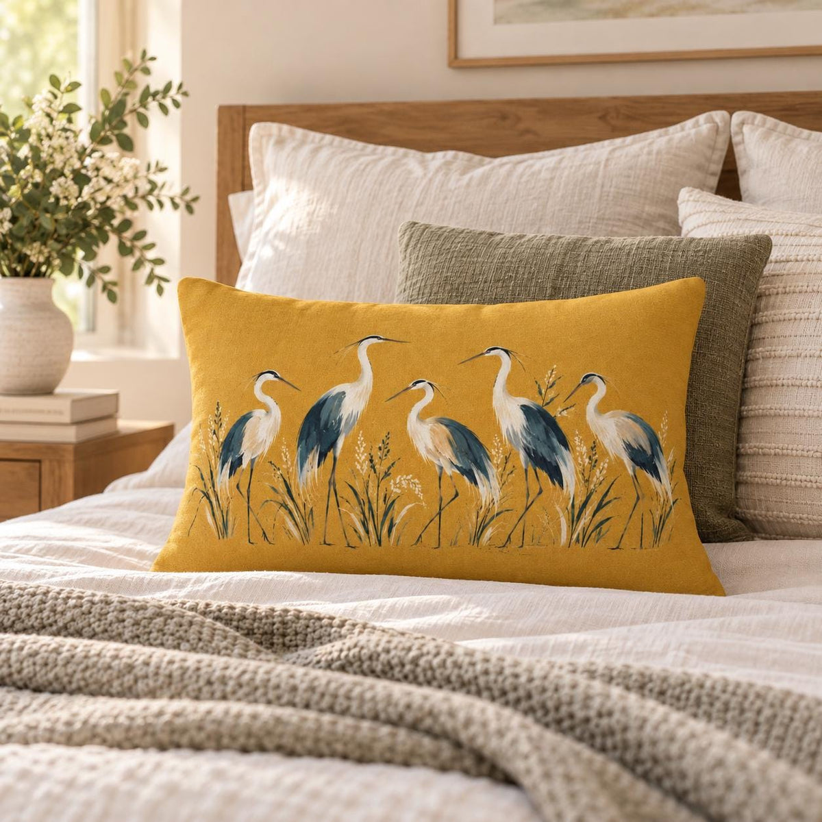 Mustard yellow heron lumbar pillow styled on a cozy neutral bed with cream bedding, textured pillows, knit throw, and soft natural light.