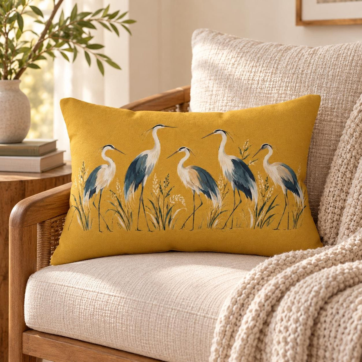 Mustard heron lumbar pillow displayed on a cream upholstered chair with warm wood accents, neutral knit blanket, greenery, and cozy home decor.