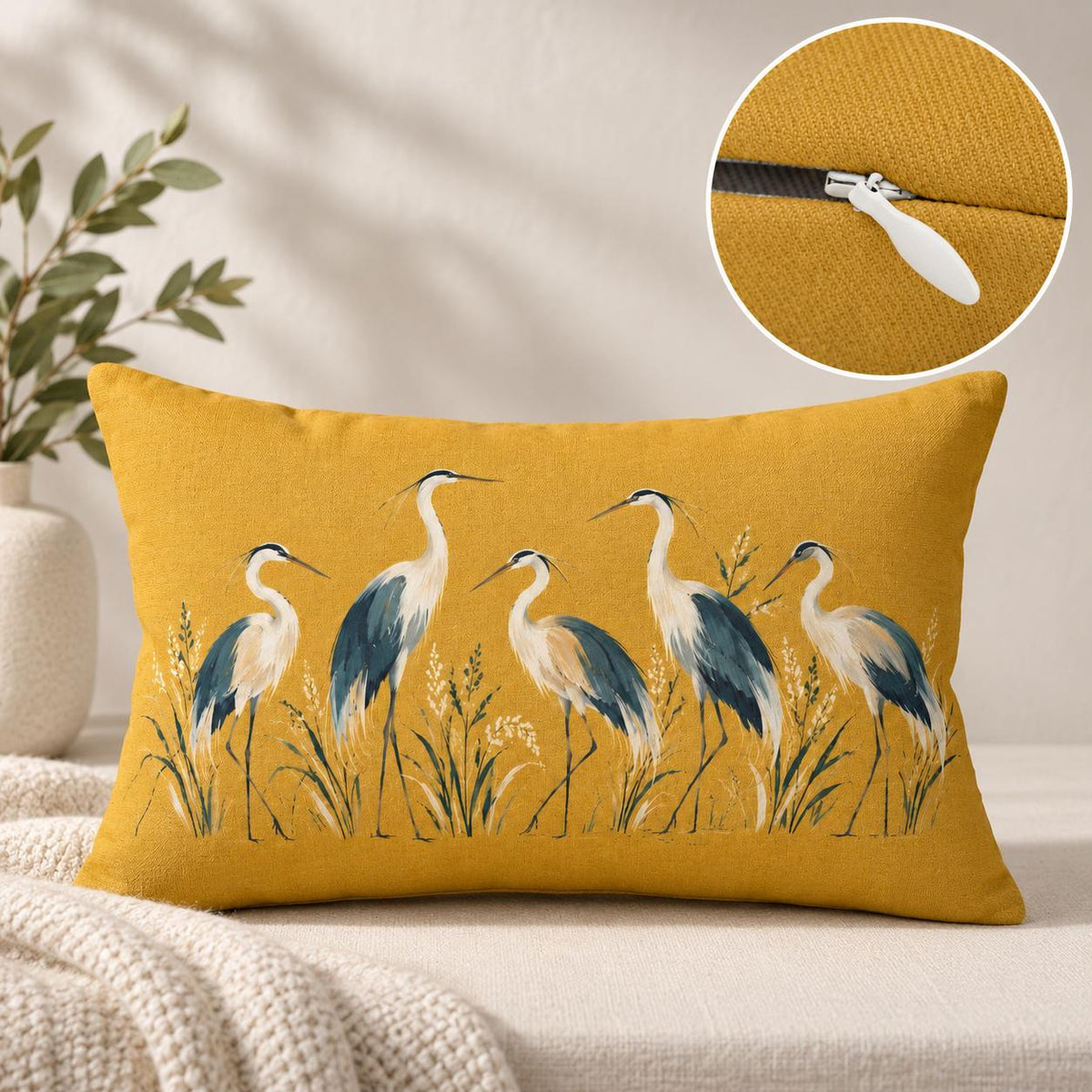 Mustard heron lumbar pillow displayed in a neutral setting with close-up inset showing the concealed beige zipper and metal zipper pull.