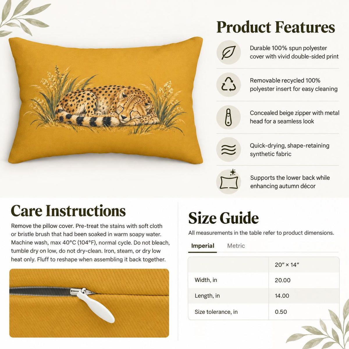 Sleeping cheetah lumbar pillow information graphic showing product features, care instructions, concealed zipper detail, and 20 by 14 inch size guide.