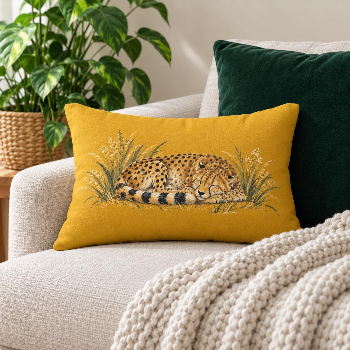 Mustard yellow lumbar pillow with sleeping cheetah and grass illustration styled on a cream sofa with dark green cushion, chunky knit blanket, and houseplant.