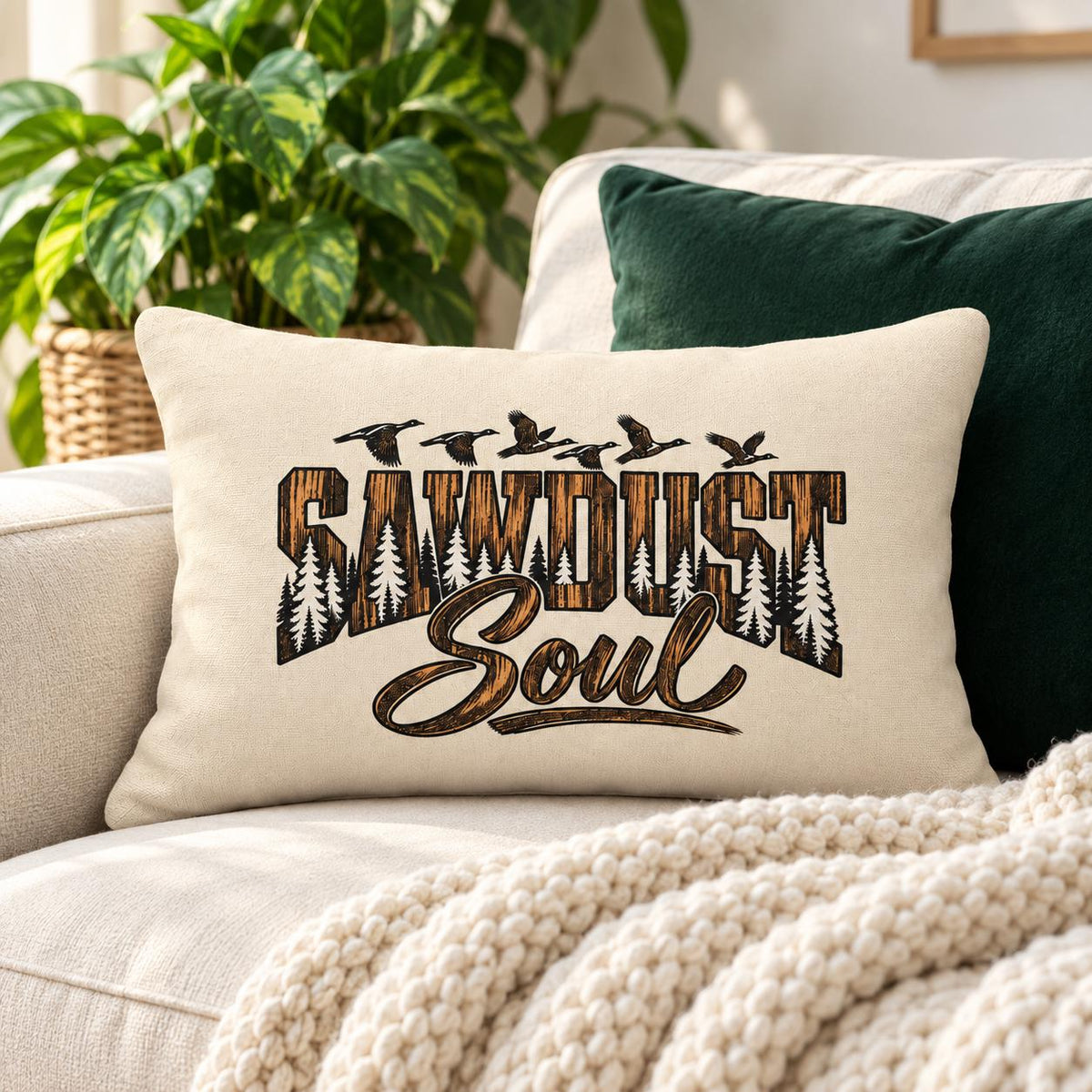 Cream Sawdust Soul lumbar pillow with rustic woodgrain lettering, evergreen trees, and flying birds styled on a neutral sofa with green accent pillow and chunky knit blanket.