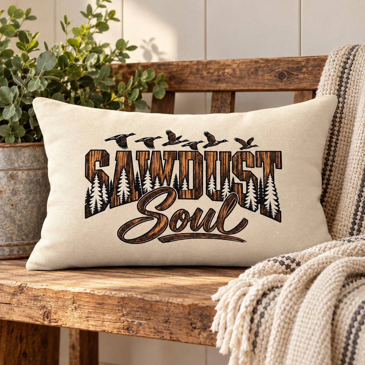 Sawdust Soul lumbar pillow styled on a rustic wood bench with neutral woven blanket, greenery, and warm farmhouse-inspired decor.