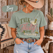 Bay shirt featuring the “Talk Thirty to Me” birthday design with pink lettering, martini artwork, ribbon accents, and playful retro details.