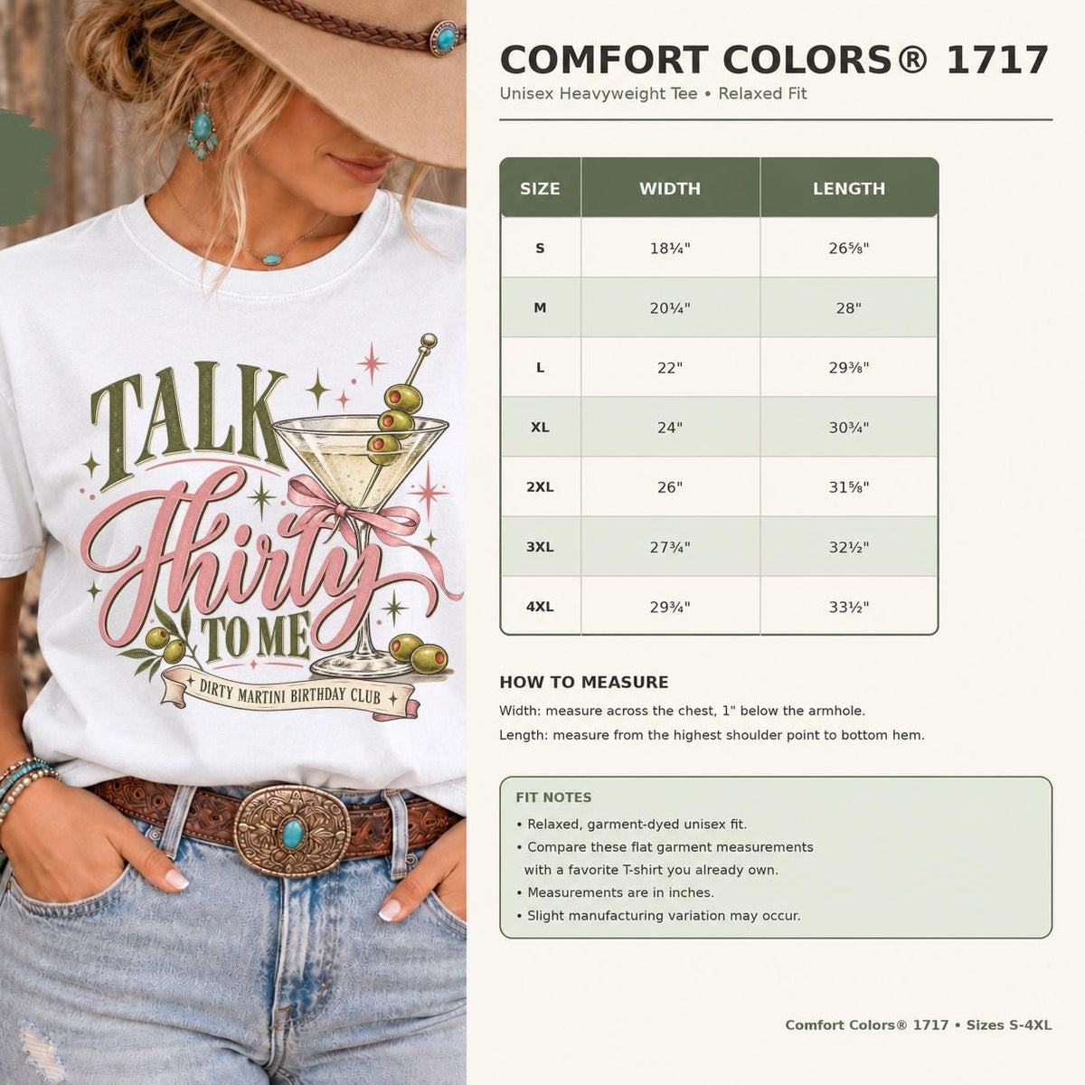 Size chart mockup showing unisex T-shirt measurements and fit information for the “Talk Thirty to Me” birthday shirt.