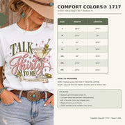 Size chart mockup showing unisex T-shirt measurements and fit information for the “Talk Thirty to Me” birthday shirt.