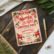 Retro Christmas party invitation displayed on a dark wooden surface with evergreen branches and decorative holiday accessories. The editable digital design features festive red typography and vintage Christmas artwork.