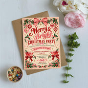 Editable Christmas party invitation displayed on a pale blue background with pink floral accents and festive greenery. The retro holiday design features cheerful typography, decorative ornaments, and seasonal details.