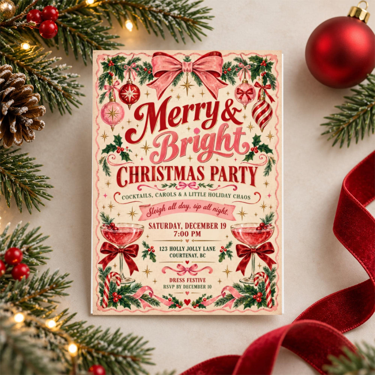 Vintage Christmas game night invitation displayed among red baubles, evergreen branches, and holiday lights. The festive printable features nostalgic Christmas illustrations and playful party lettering.