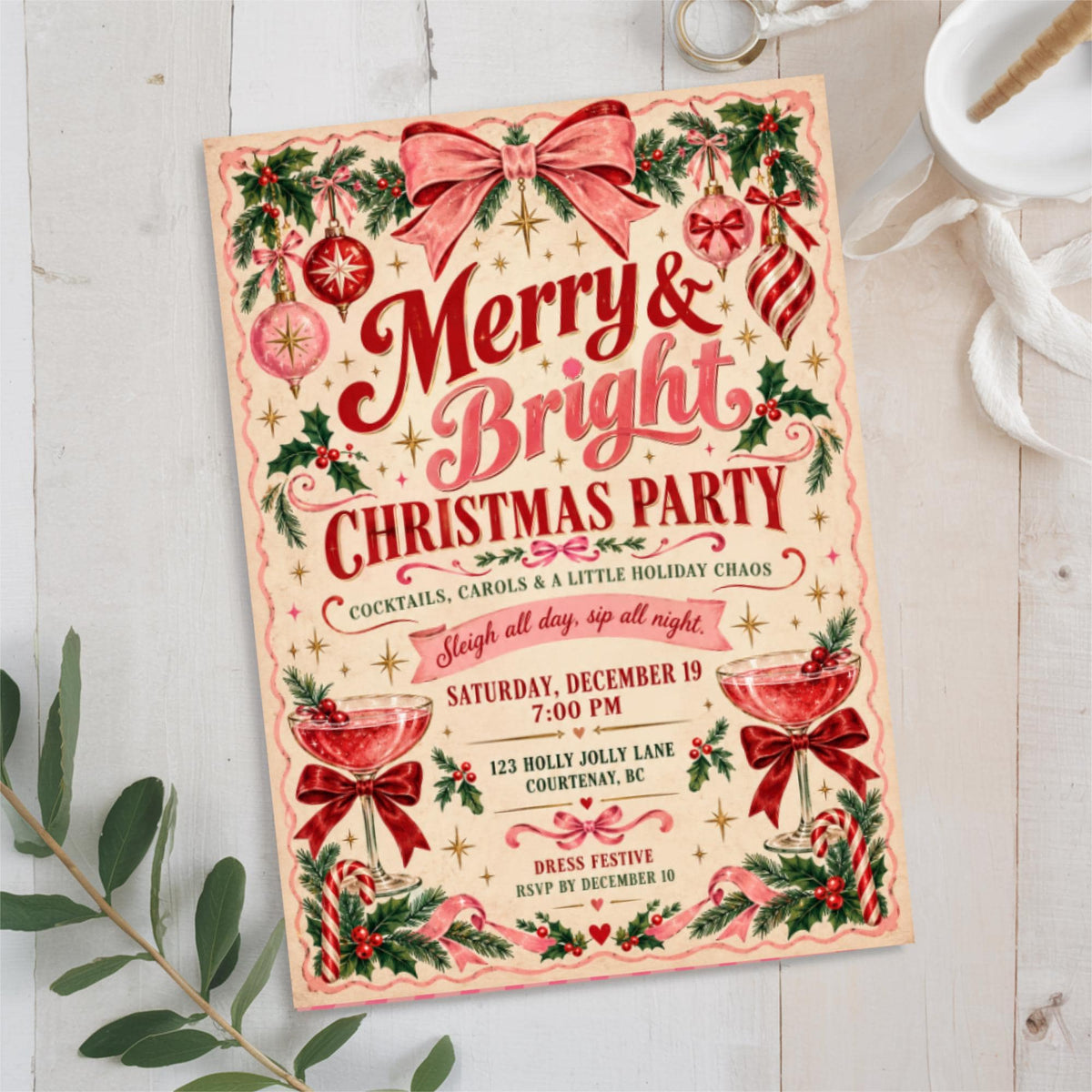 Christmas celebration invitation resting on light textured fabric with greenery and festive decorations. The editable 5x7 design features nostalgic holiday illustrations, red typography, and Christmas party details.